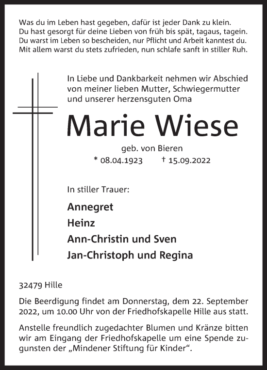 Anzeige von Marie Wiese 