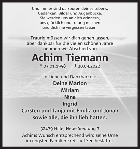 Anzeige von Achim Tiemann von Mindener Tageblatt