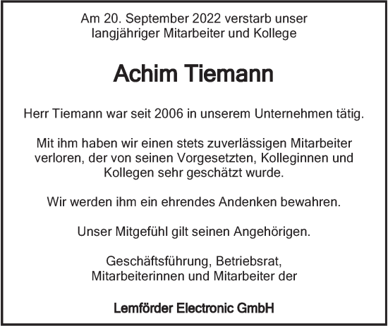 Anzeige von Achim Tiemann von Mindener Tageblatt