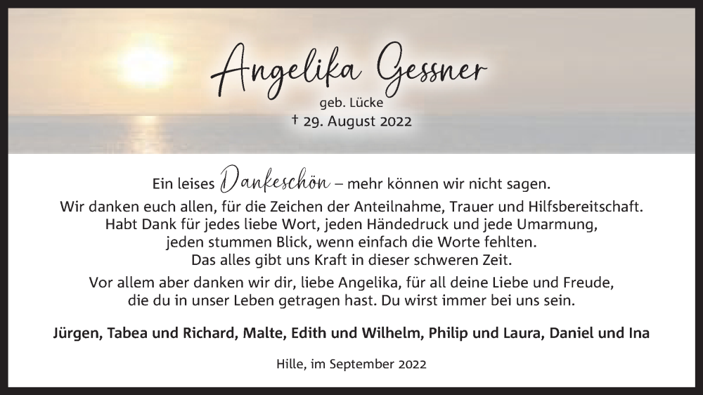  Traueranzeige für Angelika Gessner vom 24.09.2022 aus Mindener Tageblatt