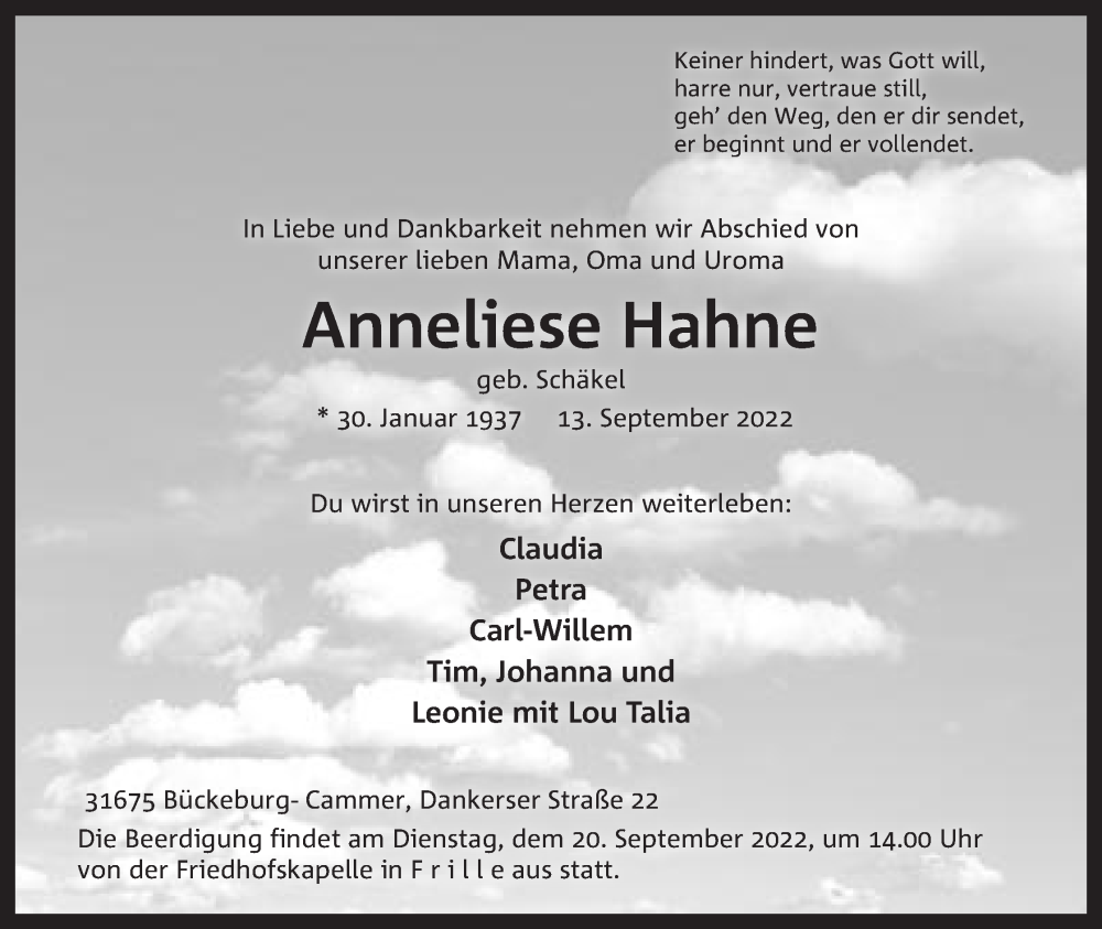  Traueranzeige für Anneliese Hahne vom 17.09.2022 aus Mindener Tageblatt