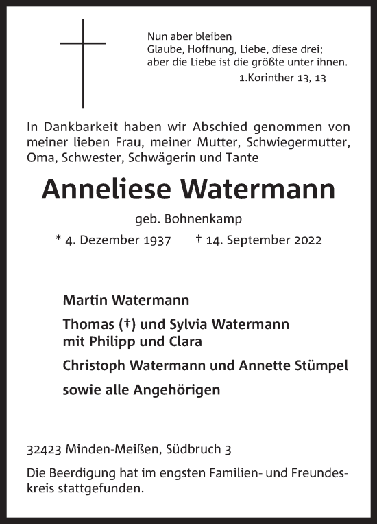 Anzeige von Anneliese Watermann von Mindener Tageblatt