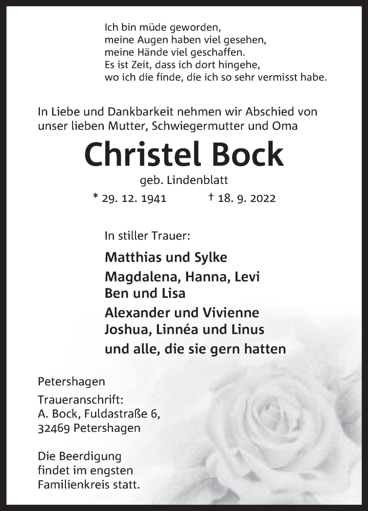 Traueranzeige für Christel Bock vom 21.09.2022 aus Mindener Tageblatt