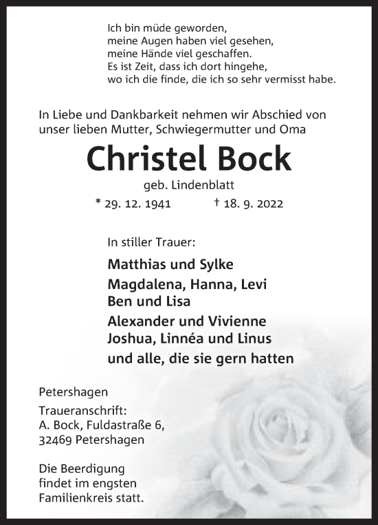 Anzeige von Christel Bock von Mindener Tageblatt