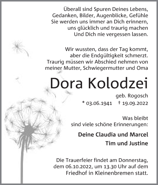 Anzeige von Dora Kolodzei von Mindener Tageblatt