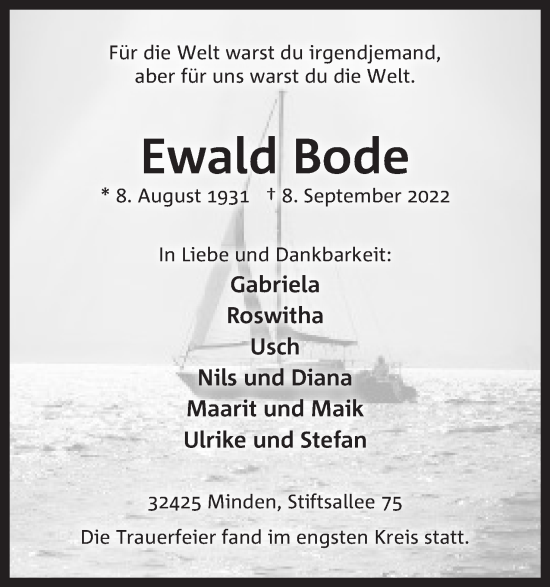 Anzeige von Ewald Bode von Mindener Tageblatt