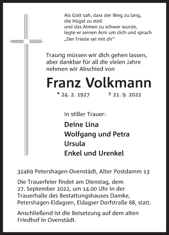 Anzeige von Franz Volkmann von Mindener Tageblatt
