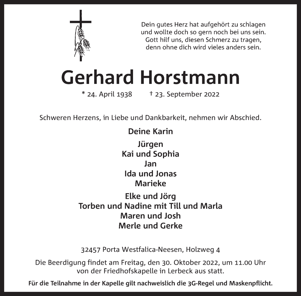  Traueranzeige für Gerhard Horstmann vom 27.09.2022 aus Mindener Tageblatt