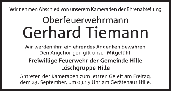 Anzeige von Gerhard Tiemann von Mindener Tageblatt