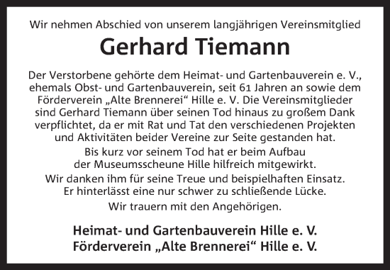 Anzeige von Gerhard Tiemann von Mindener Tageblatt