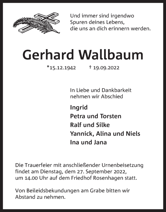 Anzeige von Gerhard Wallbaum von Mindener Tageblatt
