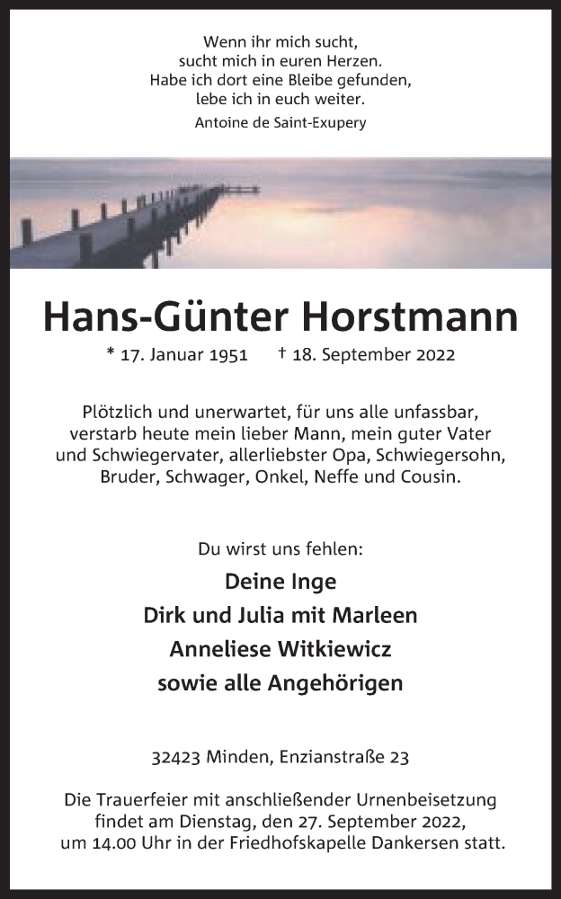  Traueranzeige für Hans-Günter Horstmann vom 23.09.2022 aus Mindener Tageblatt
