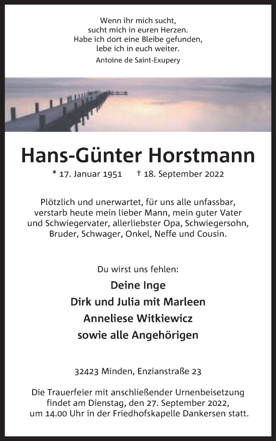Anzeige von Hans-Günter Horstmann von Mindener Tageblatt