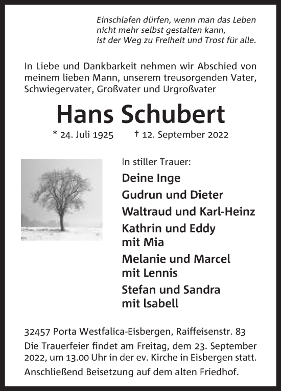 Anzeige von Hans Schubert von Mindener Tageblatt