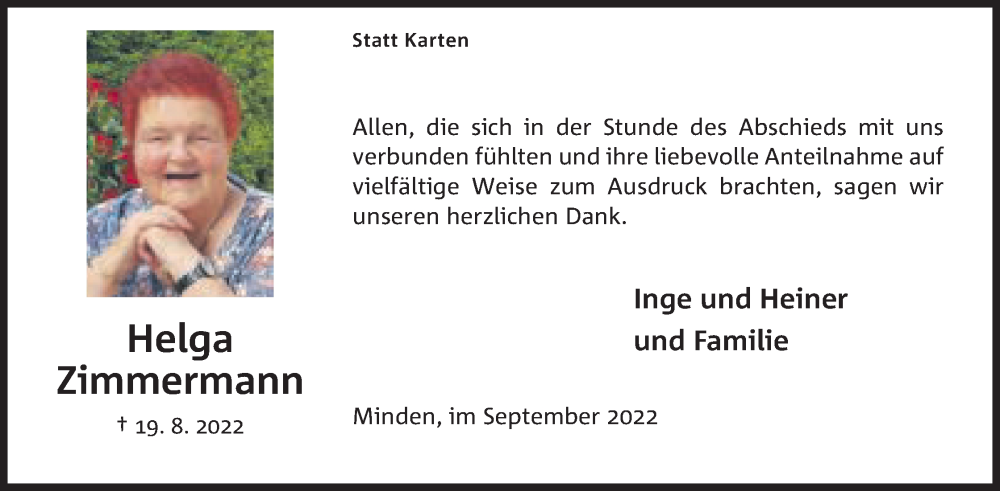  Traueranzeige für Helga Zimmermann vom 17.09.2022 aus Mindener Tageblatt