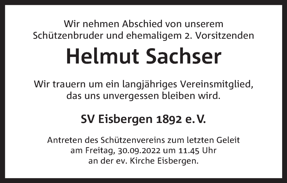  Traueranzeige für Helmut Sachser vom 27.09.2022 aus Mindener Tageblatt