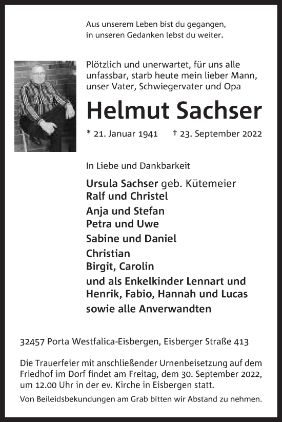 Anzeige von Helmut Sachser von Mindener Tageblatt