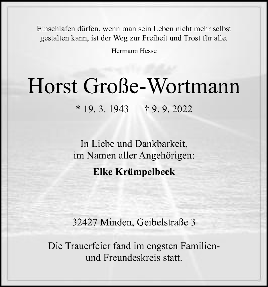  Traueranzeige für Horst Große-Wortmann vom 17.09.2022 aus Mindener Tageblatt