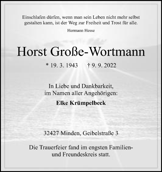 Anzeige von Horst Große-Wortmann von Mindener Tageblatt