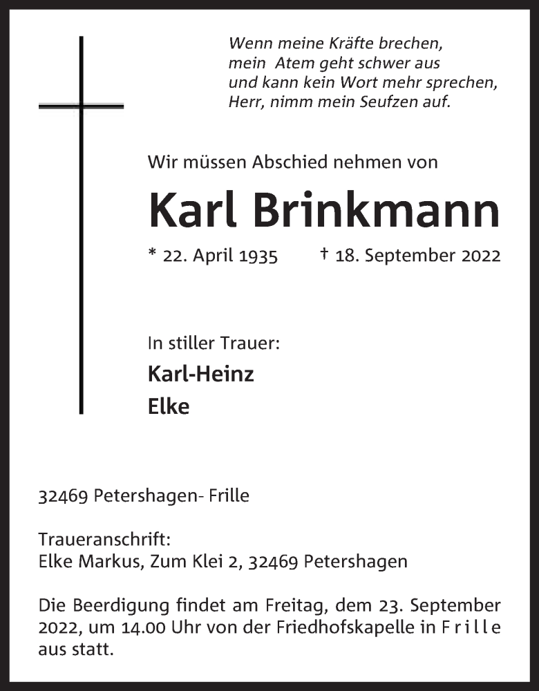  Traueranzeige für Karl Brinkmann vom 21.09.2022 aus Mindener Tageblatt