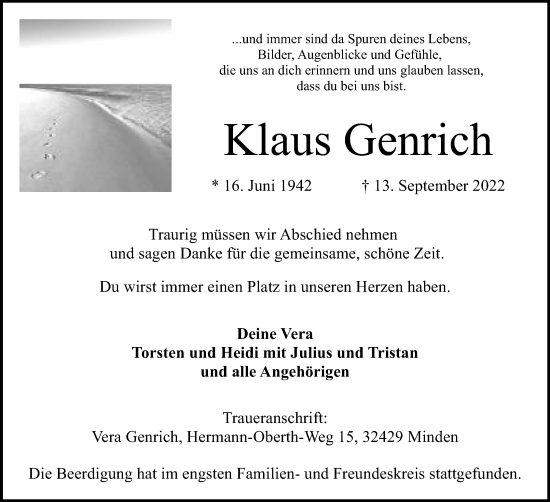 Anzeige von Klaus Genrich von Mindener Tageblatt