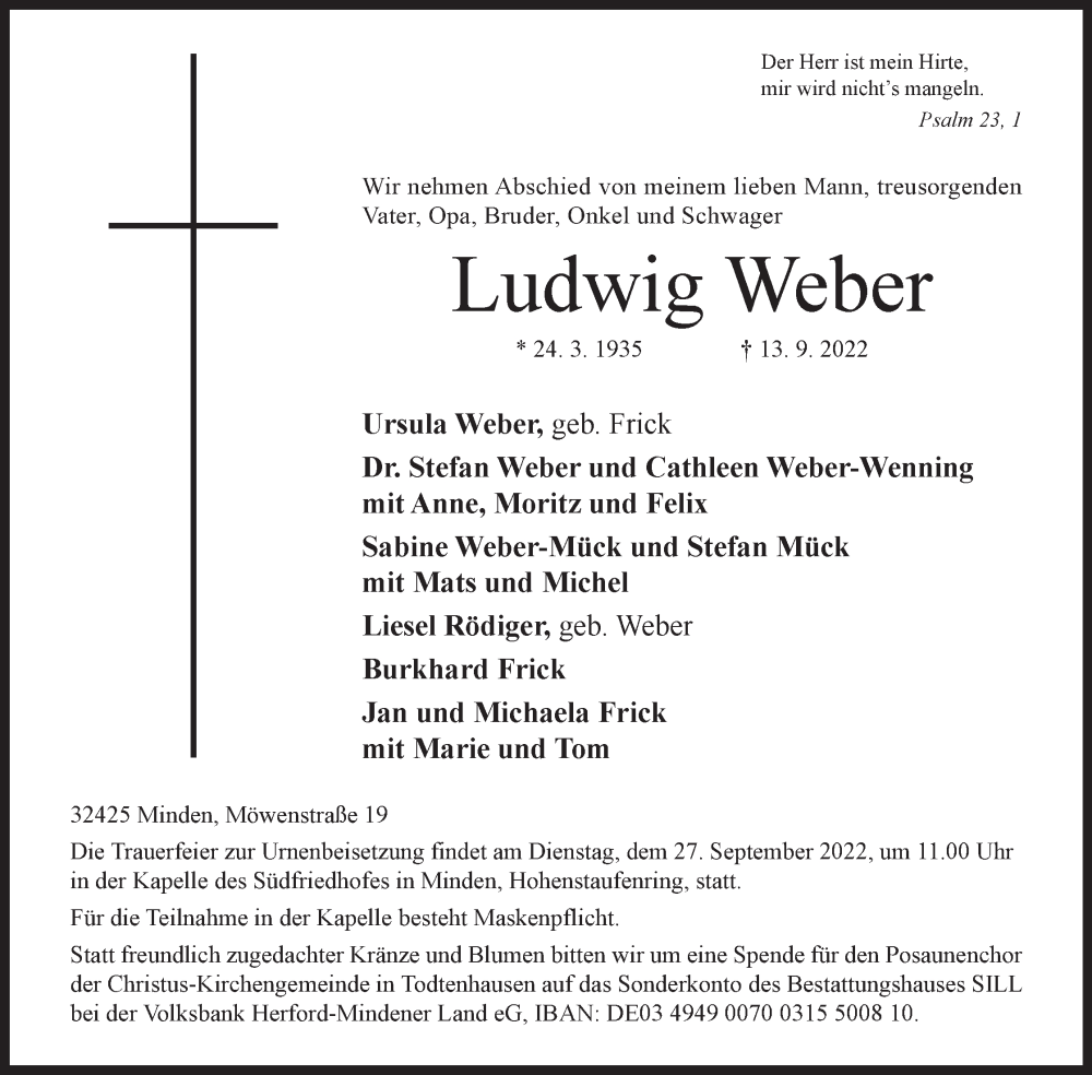  Traueranzeige für Ludwig Weber vom 17.09.2022 aus Mindener Tageblatt