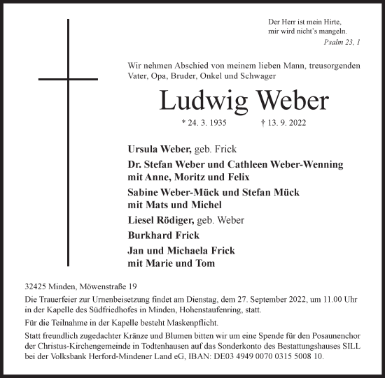 Anzeige von Ludwig Weber von Mindener Tageblatt