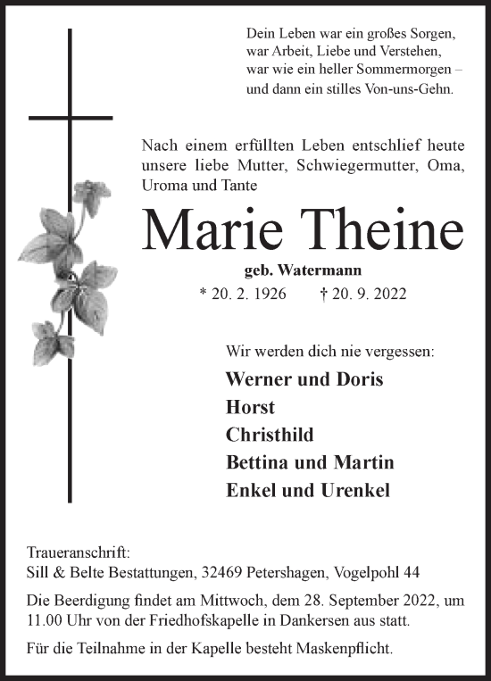 Anzeige von Marie Theine von Mindener Tageblatt