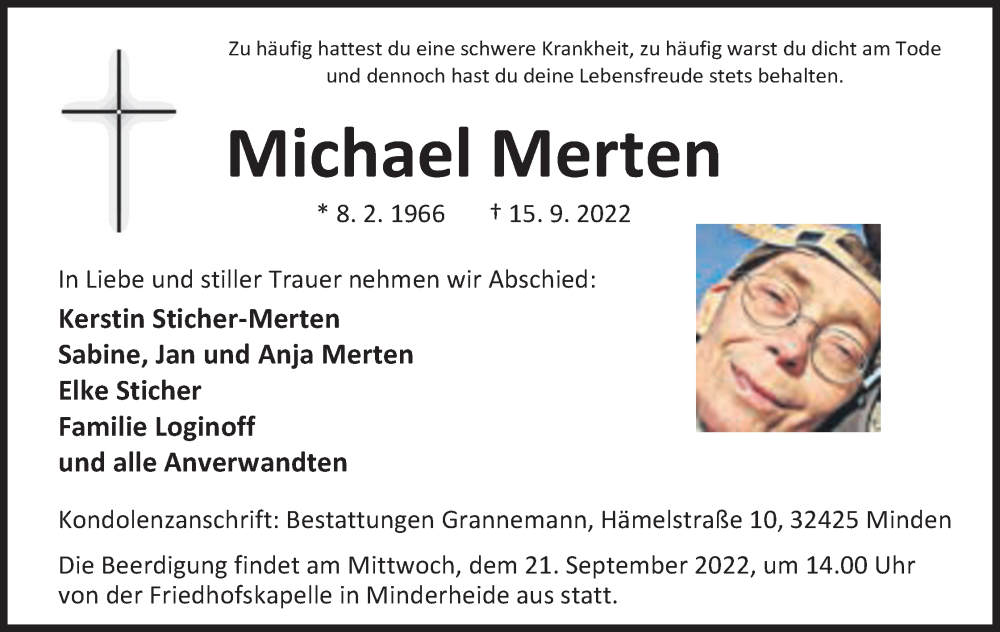  Traueranzeige für Michael Merten vom 20.09.2022 aus Mindener Tageblatt