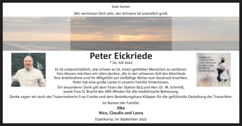  Traueranzeige für Peter Eickriede vom 10.09.2022 aus Mindener Tageblatt
