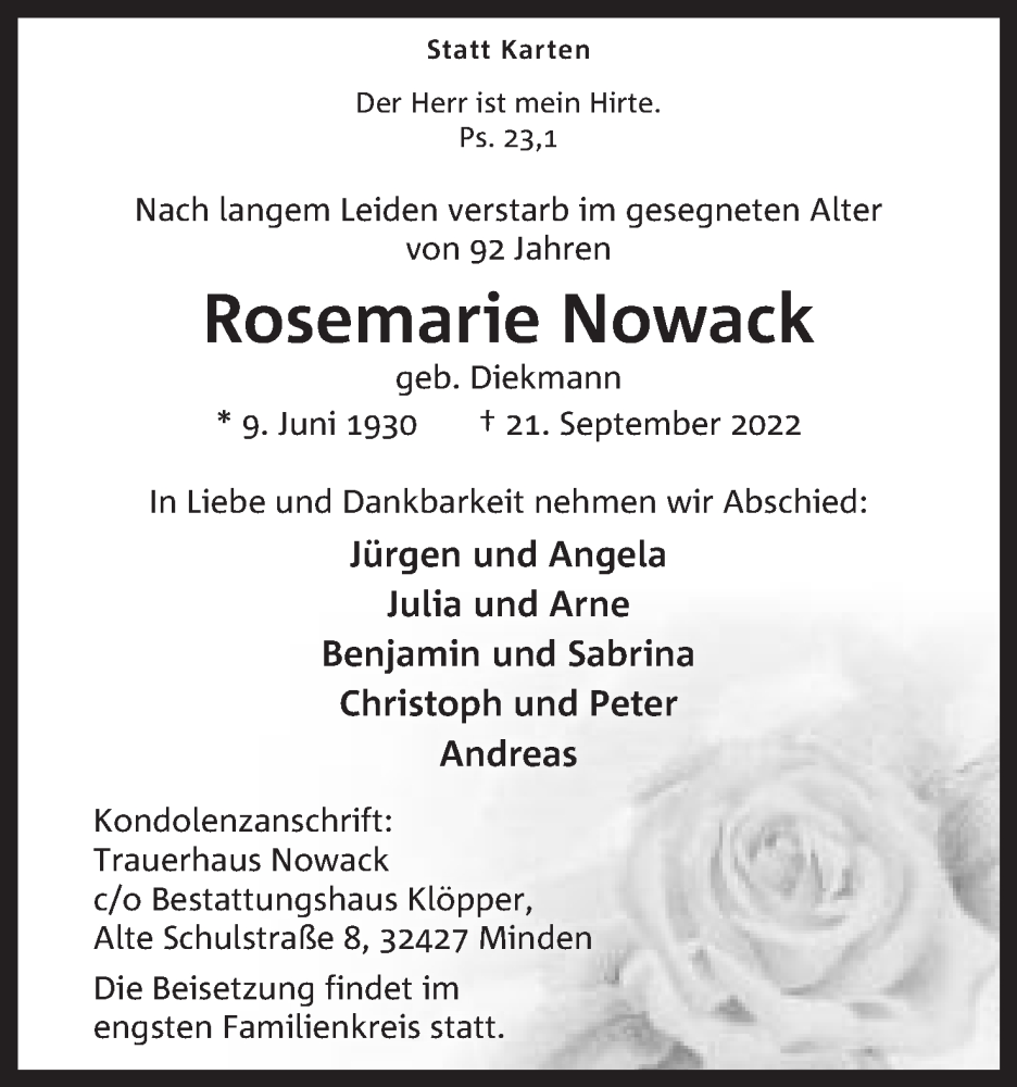  Traueranzeige für Rosemarie Nowack vom 24.09.2022 aus Mindener Tageblatt