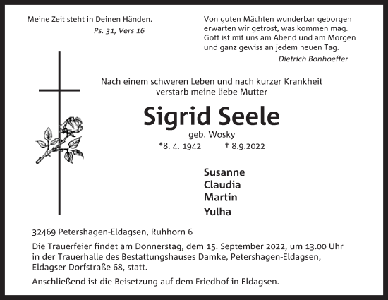 Anzeige von Sigrid Seele von Mindener Tageblatt