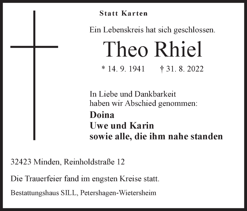  Traueranzeige für Theo Rhiel vom 10.09.2022 aus Mindener Tageblatt