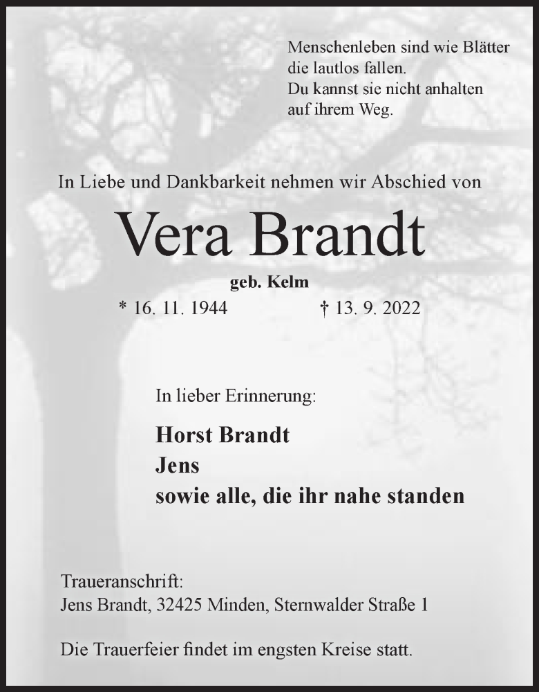  Traueranzeige für Vera Brandt vom 17.09.2022 aus Mindener Tageblatt