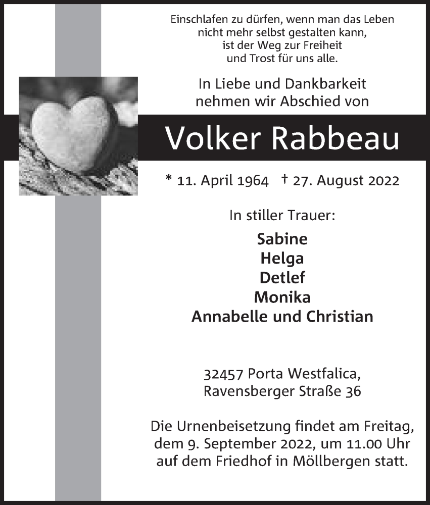  Traueranzeige für Volker Rabbeau vom 03.09.2022 aus Mindener Tageblatt