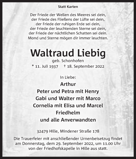 Anzeige von Waltraud Liebig von Mindener Tageblatt