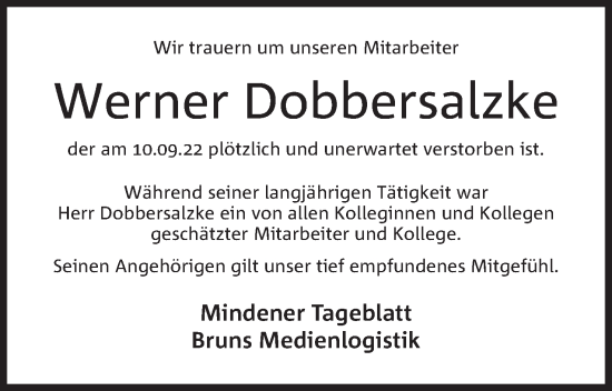 Anzeige von Werner Dobbersalzke von Mindener Tageblatt