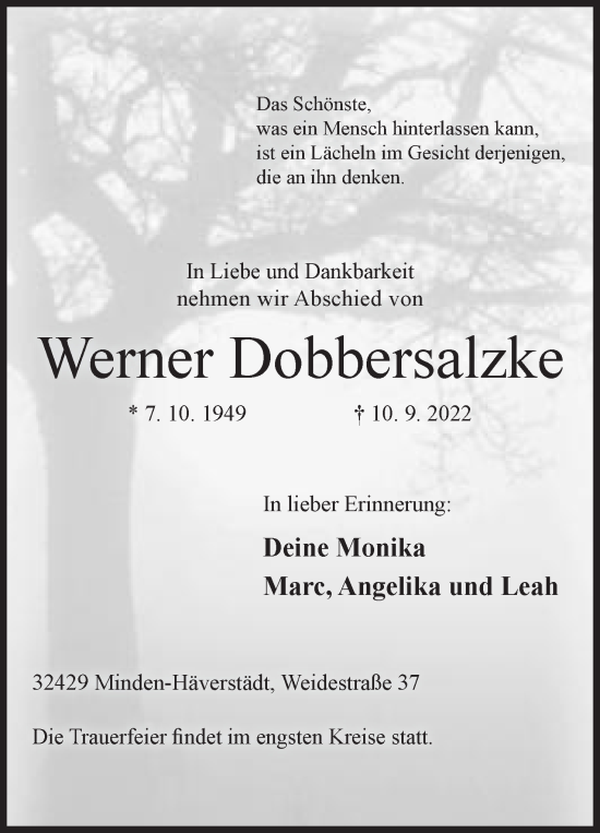 Anzeige von Werner Dobbersalzke von Mindener Tageblatt