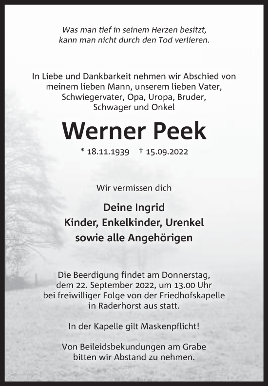Anzeige von Werner Peek von Mindener Tageblatt