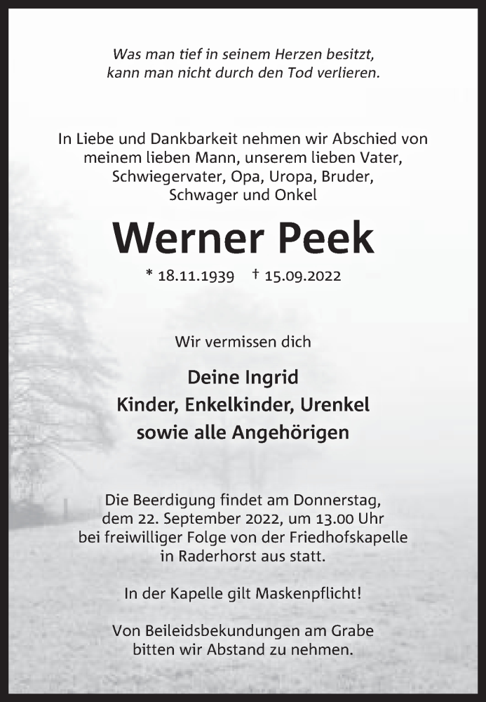  Traueranzeige für Werner Peek vom 20.09.2022 aus Mindener Tageblatt