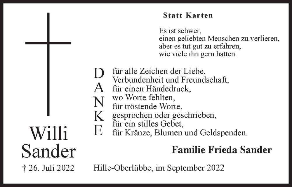  Traueranzeige für Willi Sander vom 03.09.2022 aus Mindener Tageblatt