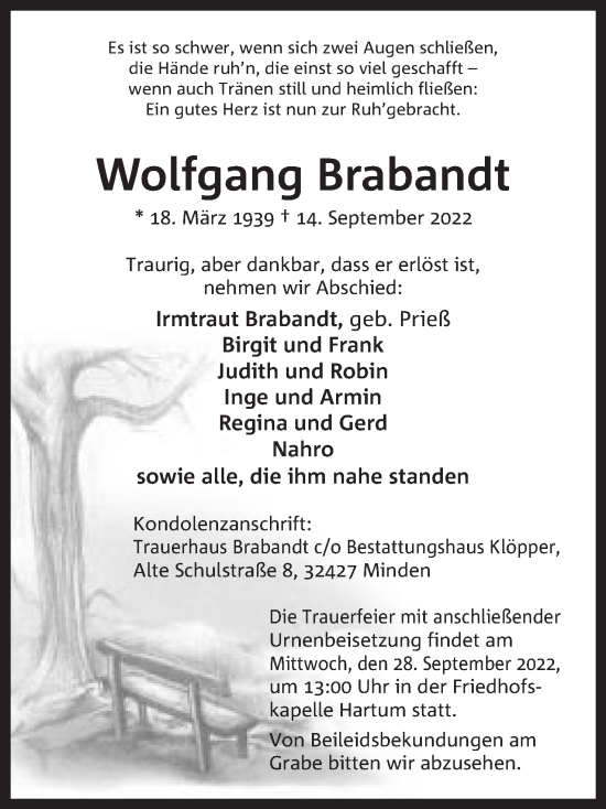 Anzeige von Wolfgang Brabandt von Mindener Tageblatt