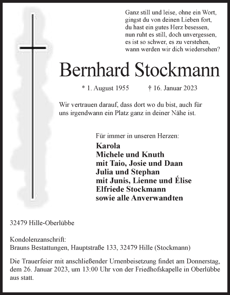  Traueranzeige für Bernhard Stockmann vom 21.01.2023 aus Mindener Tageblatt