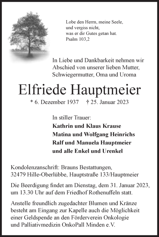 Anzeige von Elfriede Hauptmeier von Mindener Tageblatt