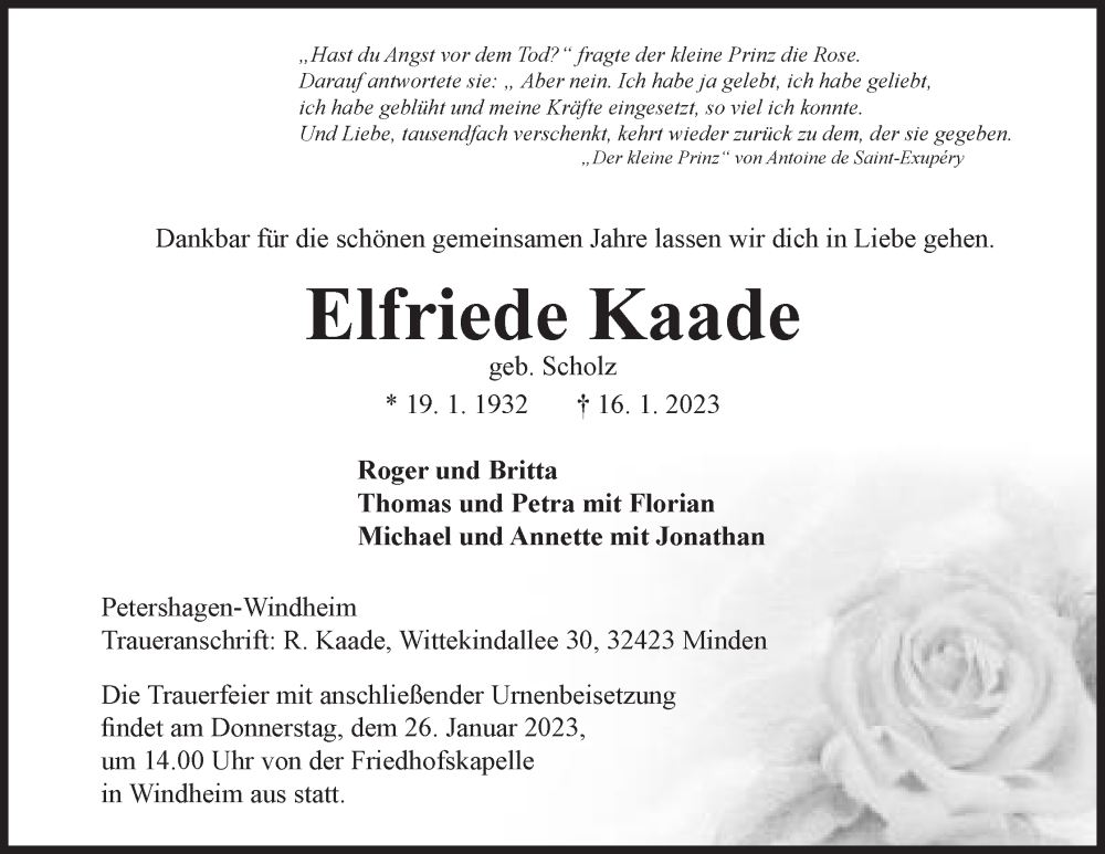  Traueranzeige für Elfriede Kaade vom 21.01.2023 aus Mindener Tageblatt