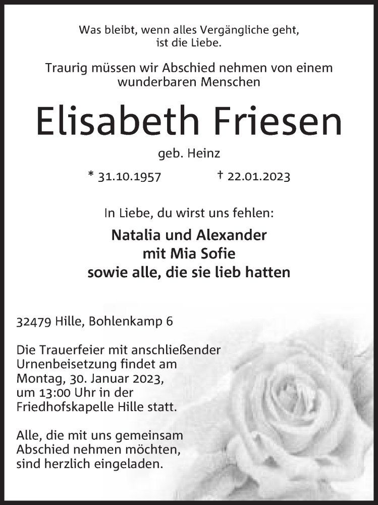  Traueranzeige für Elisabeth Friesen vom 24.01.2023 aus Mindener Tageblatt