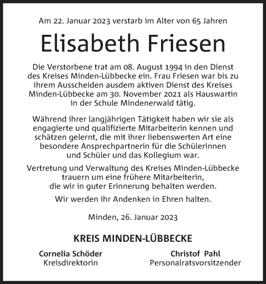 Anzeige von Elisabeth Friesen von Mindener Tageblatt