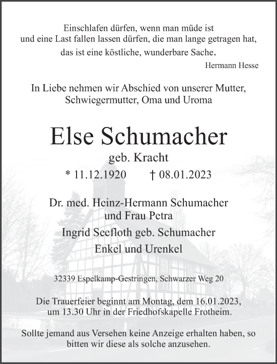 Anzeige von Else Schumacher von Mindener Tageblatt