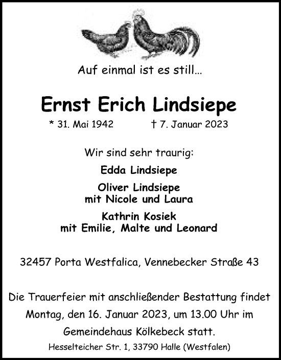 Anzeige von Ernst Erich Lindsiepe von Mindener Tageblatt
