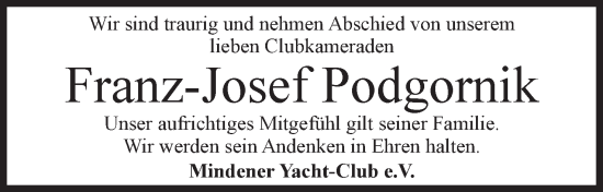 Anzeige von Franz-Josef Podgornik von Mindener Tageblatt